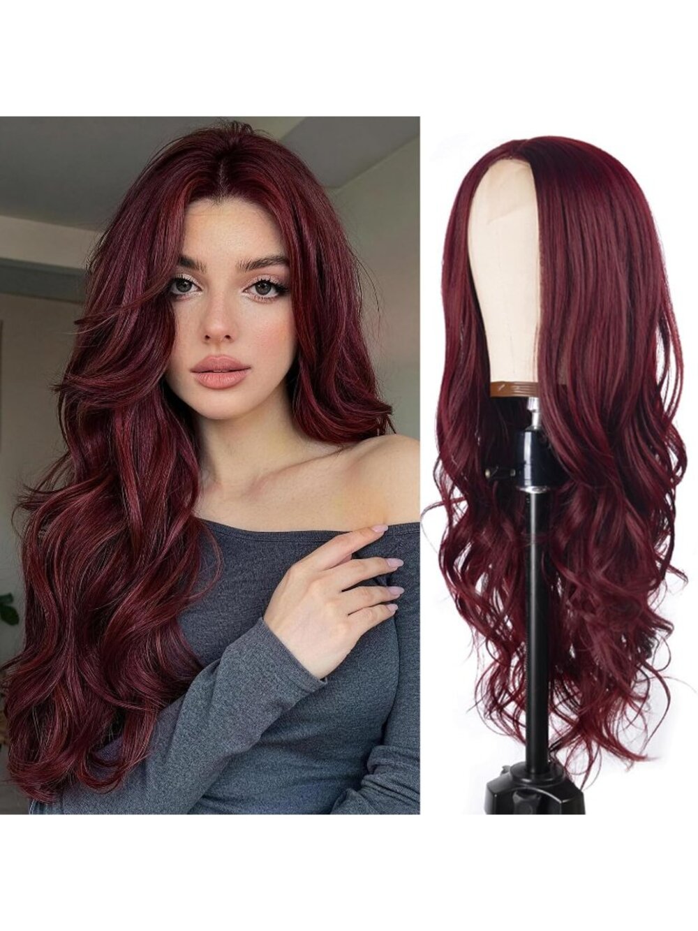 Women's Wine Red Synthetic Hair Dirty Blonde Heat Resistant Long Wavy Wig